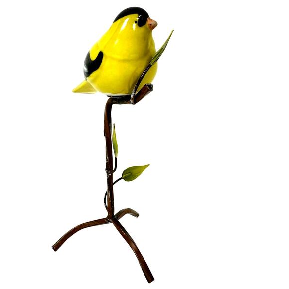 Unique Ceramic Gold Finch Bird Perched on Metal Branch /Twig Stand-Excellent! - Picture 2 of 5